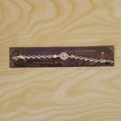 Round Sacred Symbol Silver Chain Rakhi with Stone Studded Center Charm