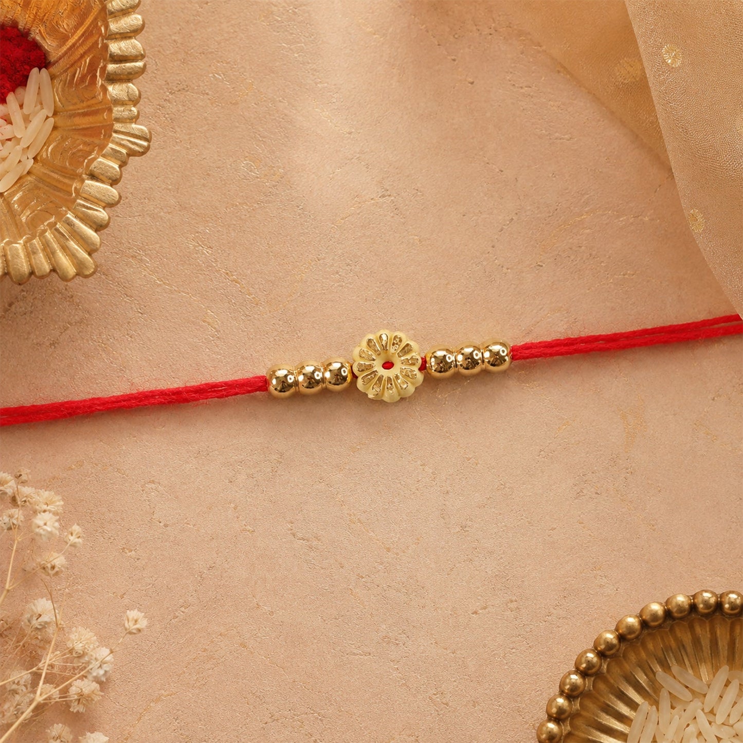 Traditional Floral Motif Golden Bead Minimalist Rakhi