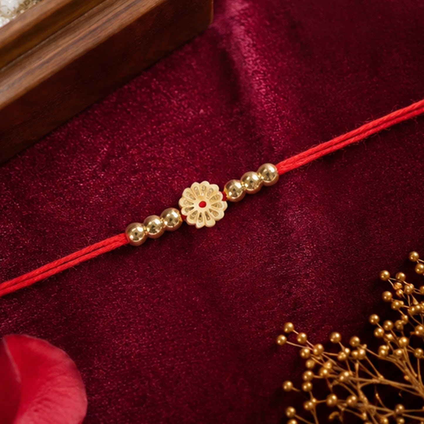 Traditional Floral Motif Golden Bead Minimalist Rakhi