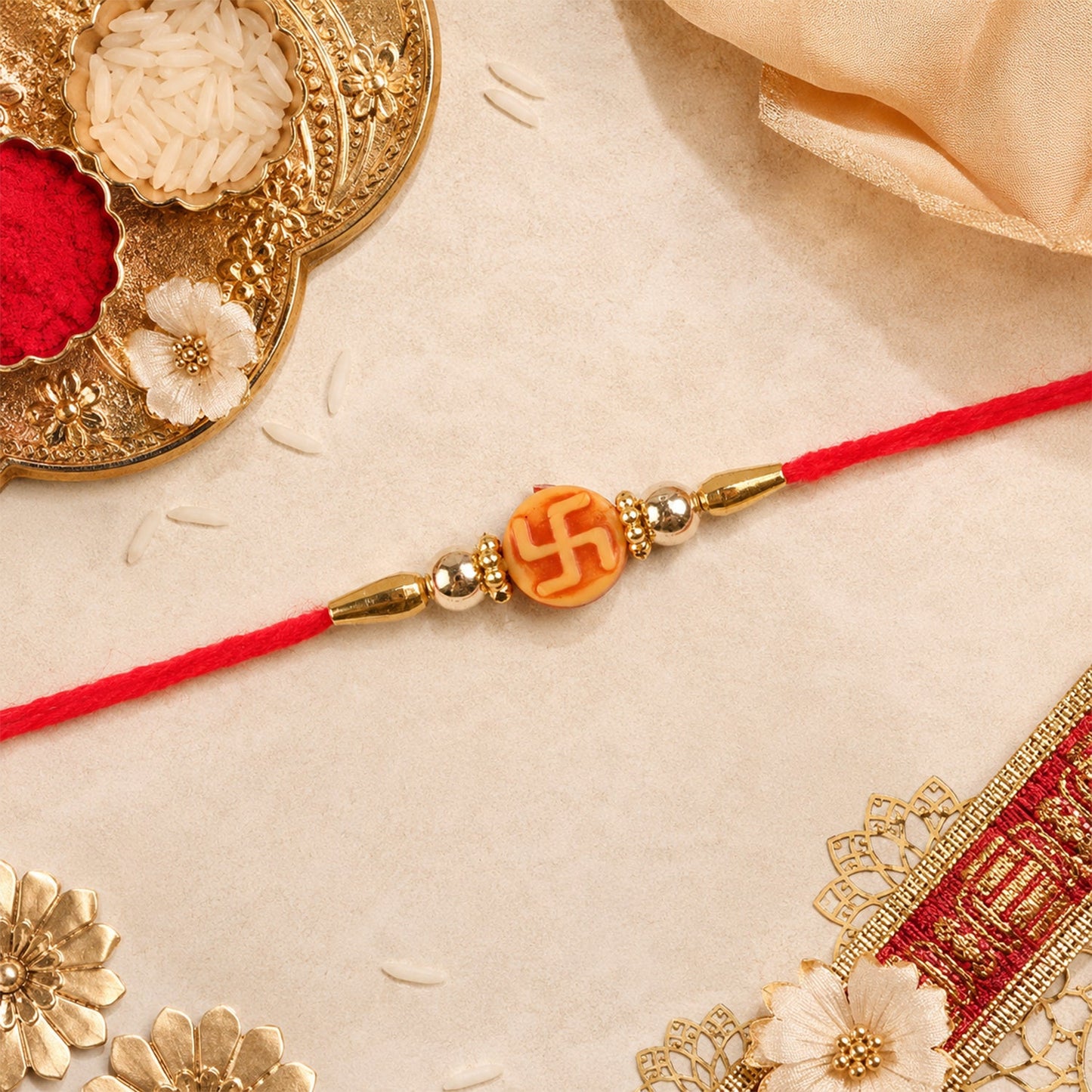 Religious Swastik Round Golden Bead Traditional Rakhi