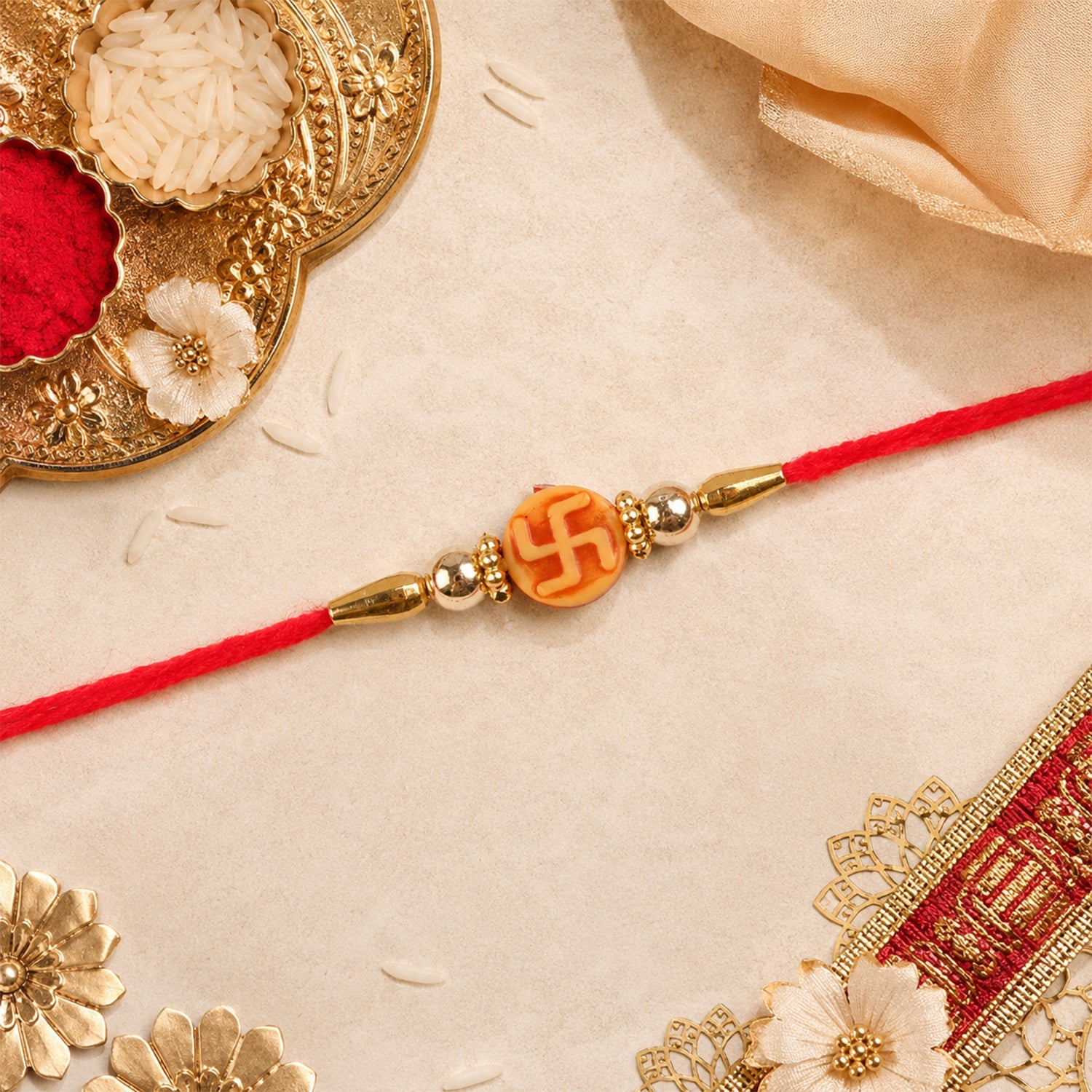Religious Swastik Round Golden Bead Traditional Rakhi