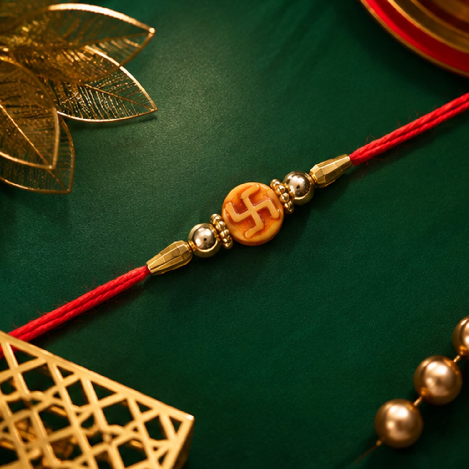 Religious Swastik Round Golden Bead Traditional Rakhi