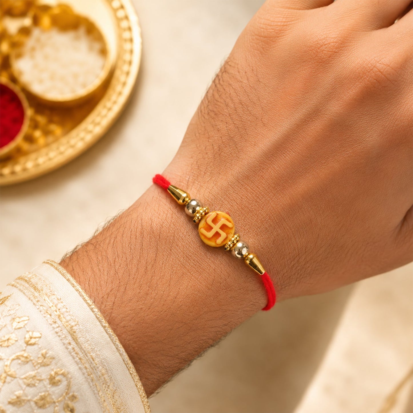Religious Swastik Round Golden Bead Traditional Rakhi