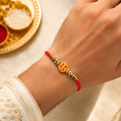 Religious Swastik Round Golden Bead Traditional Rakhi