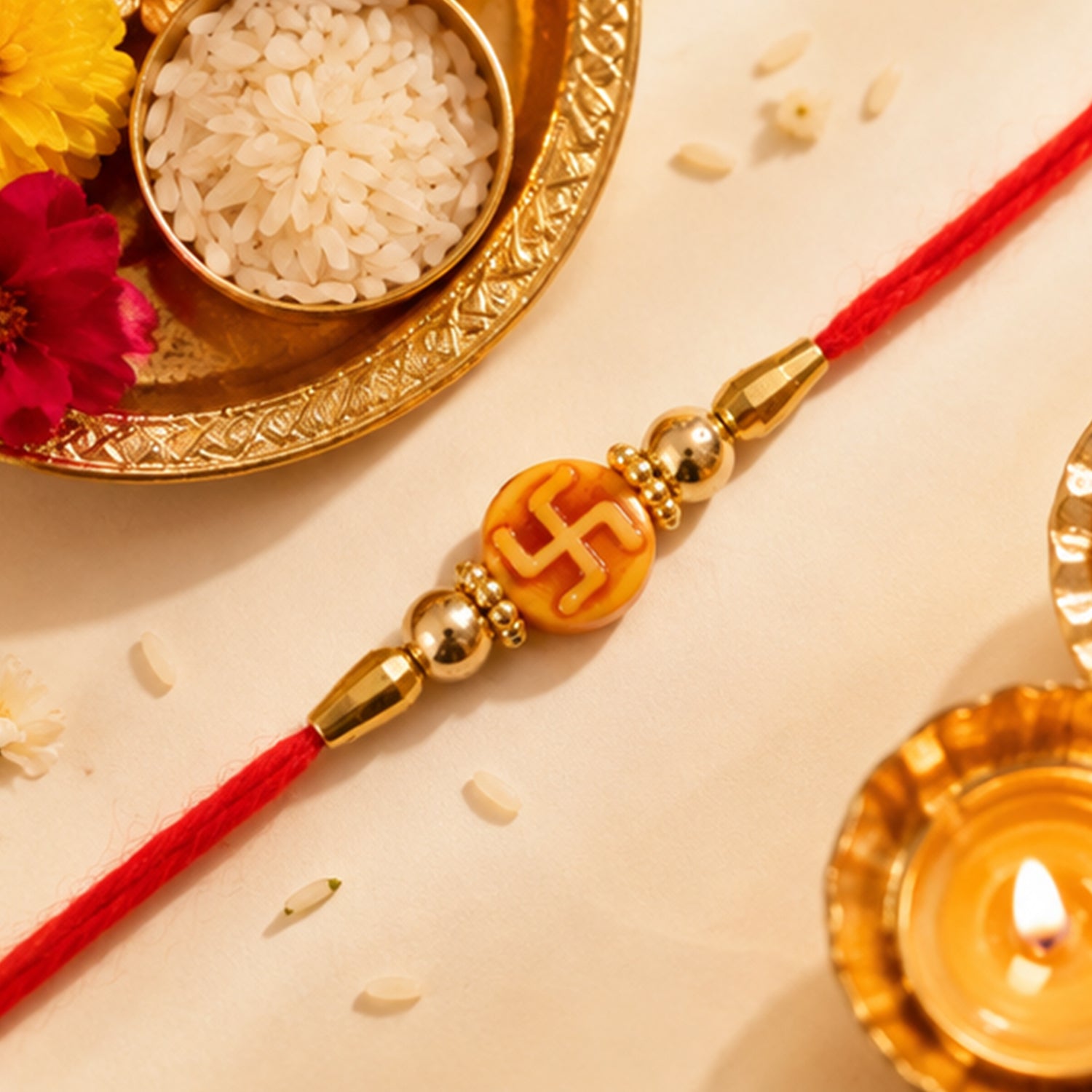 Religious Swastik Round Golden Bead Traditional Rakhi