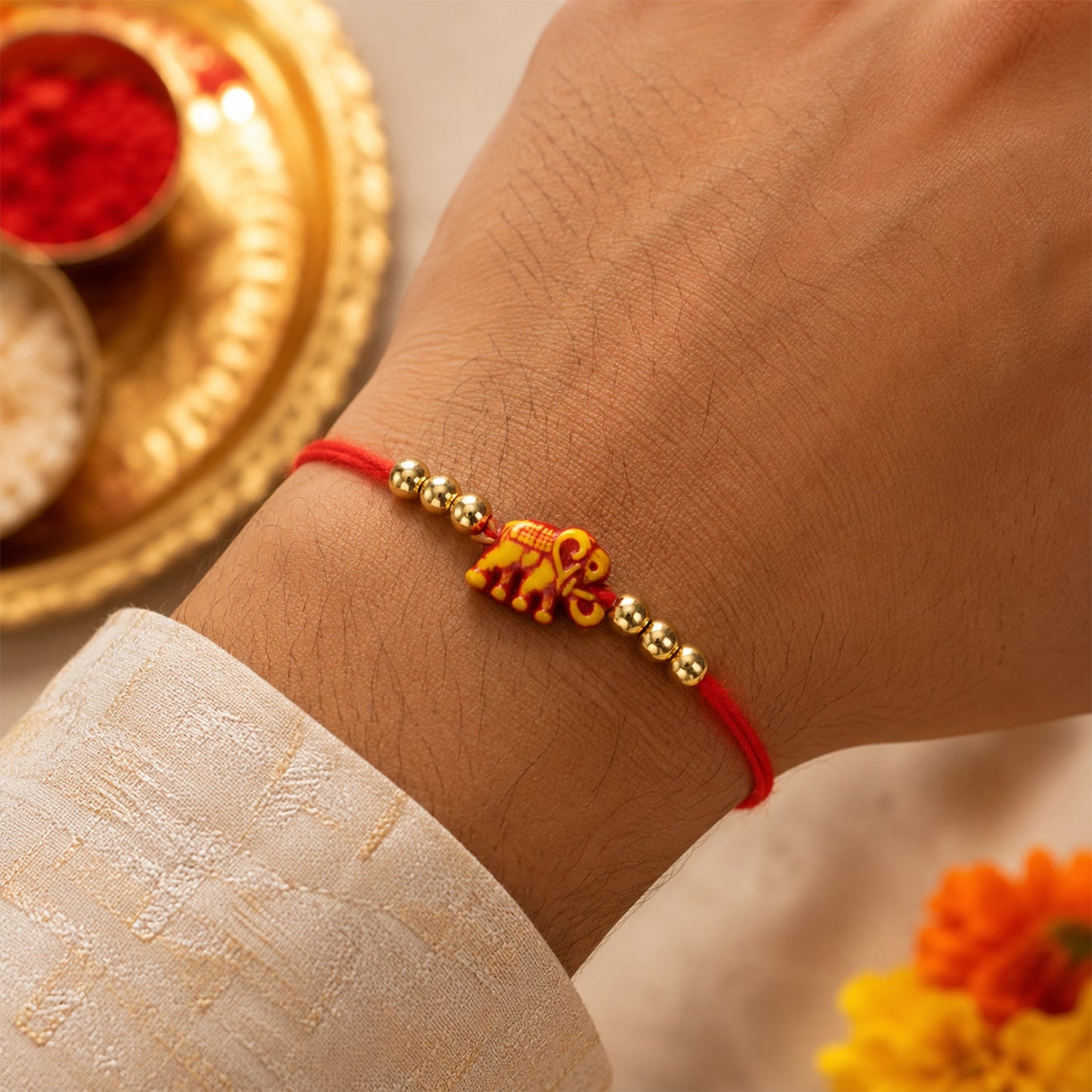 Elephant Motif Golden Stylish Bead Traditional Rakhi