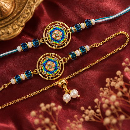 Round Mandala Floral Enamel Crystal Beads Bhai Bhabhi Rakhi Lumba Set