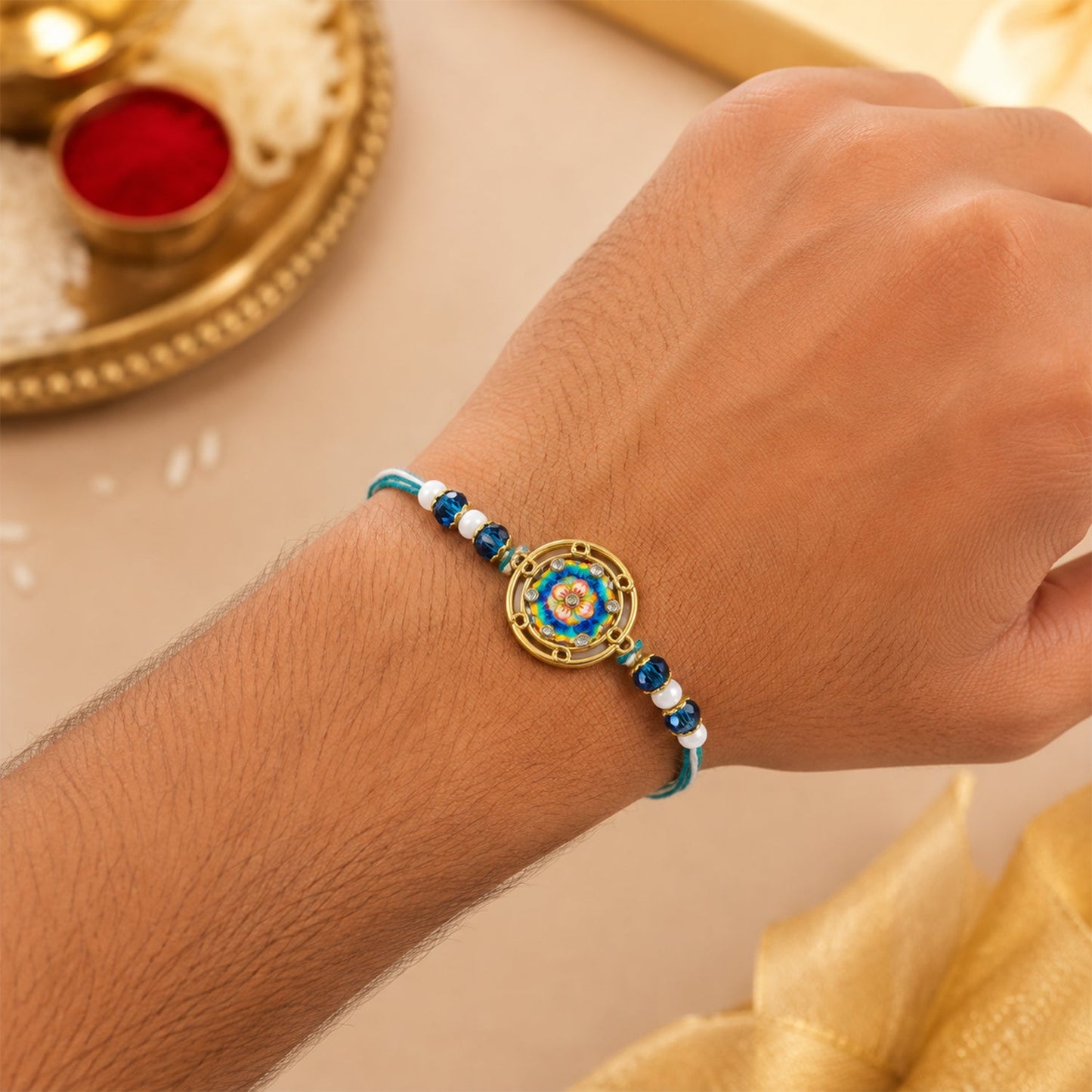 Round Mandala Floral Enamel Crystal Beads Bhai Bhabhi Rakhi Lumba Set