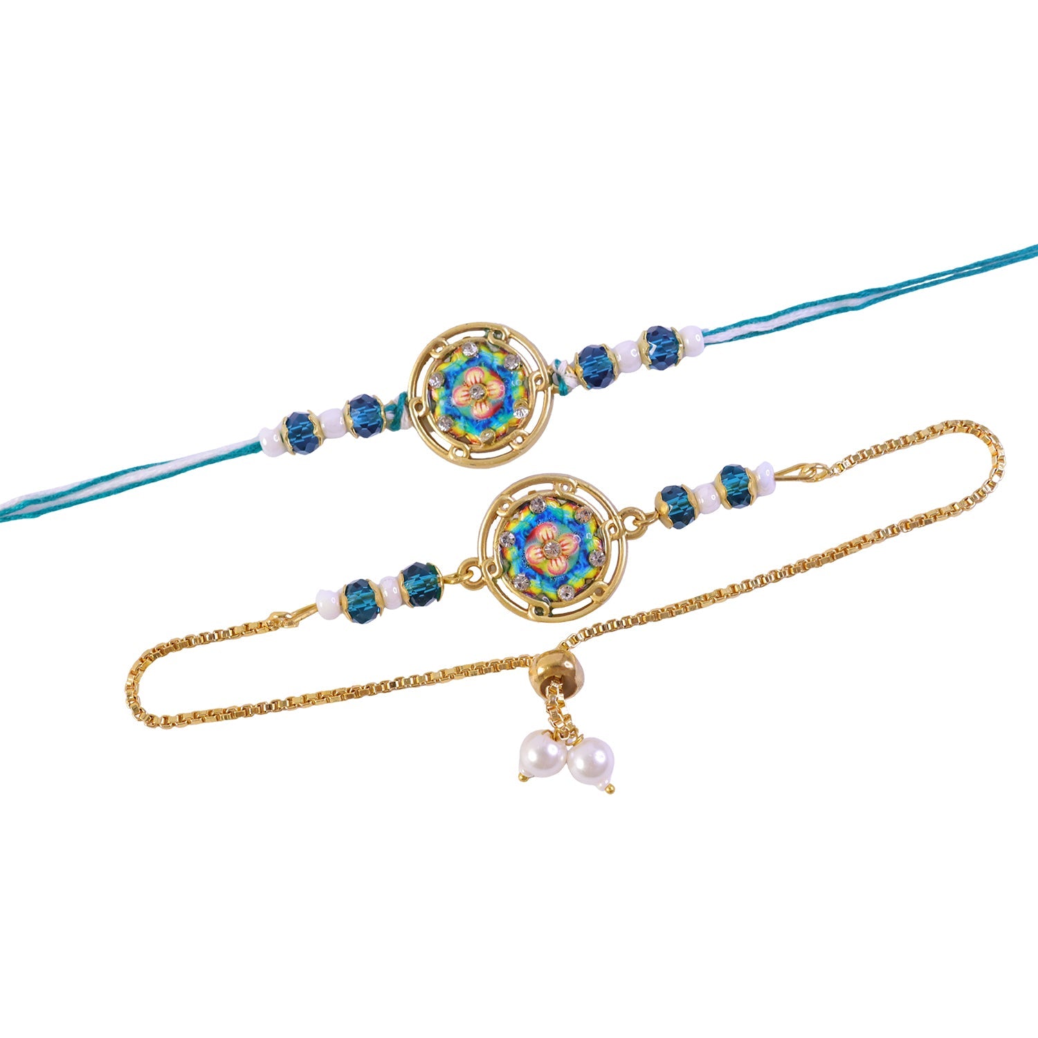 Round Mandala Floral Enamel Crystal Beads Bhai Bhabhi Rakhi Lumba Set