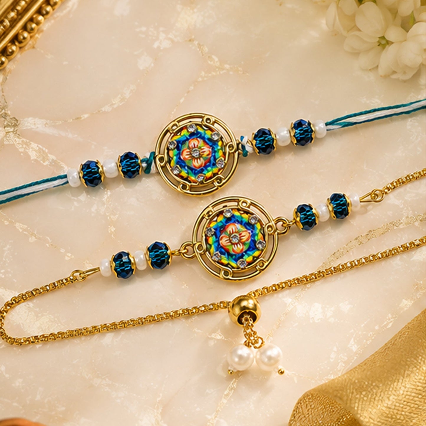 Round Mandala Floral Enamel Crystal Beads Bhai Bhabhi Rakhi Lumba Set