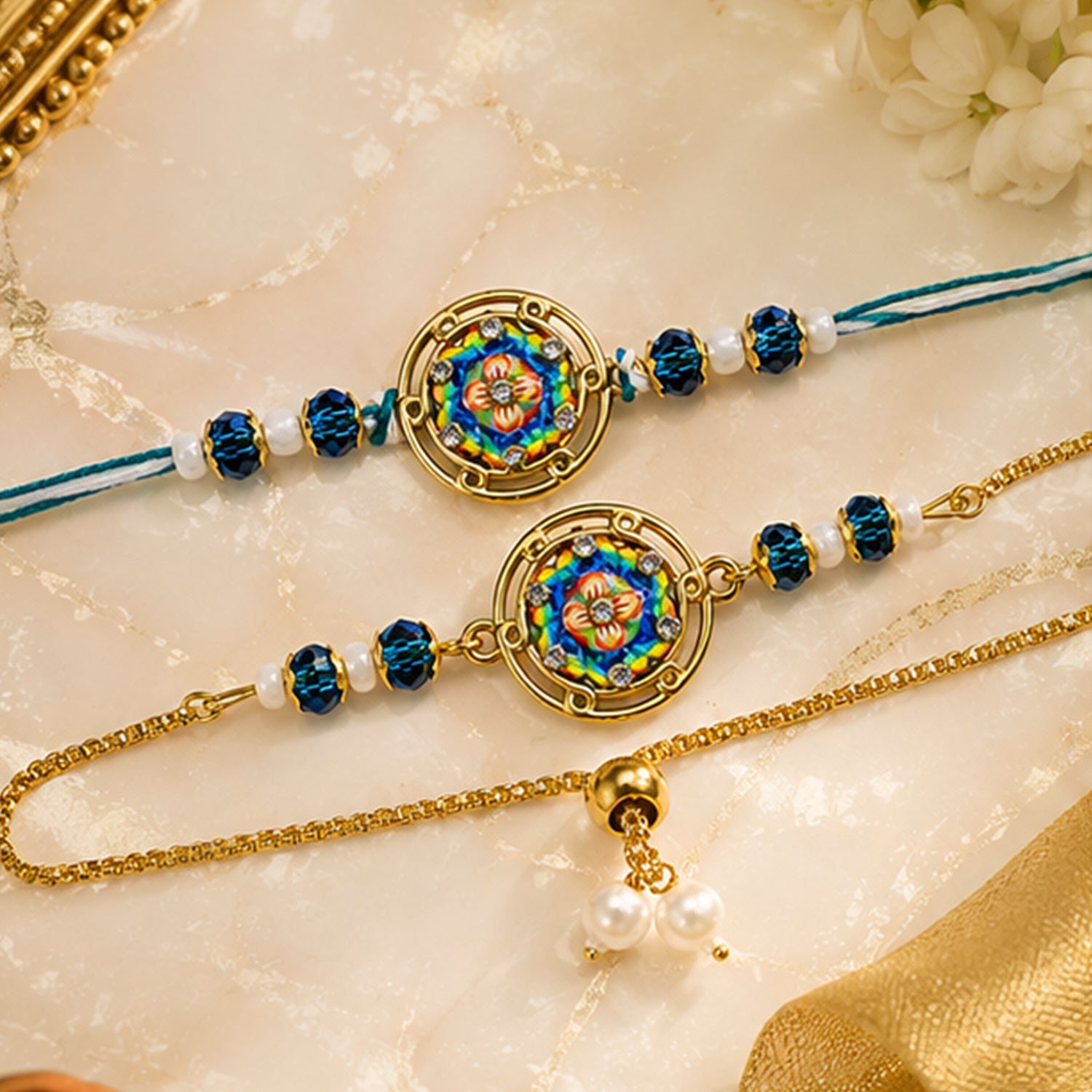 Round Mandala Floral Enamel Crystal Beads Bhai Bhabhi Rakhi Lumba Set