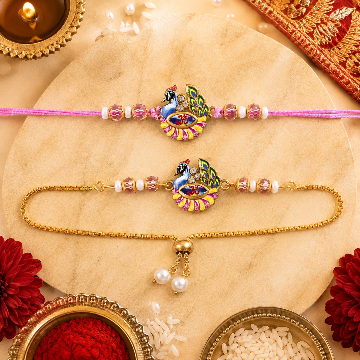 Peacock Om Enamel Crystal Stylish Beads Bhai Bhabhi Rakhi Lumba Set