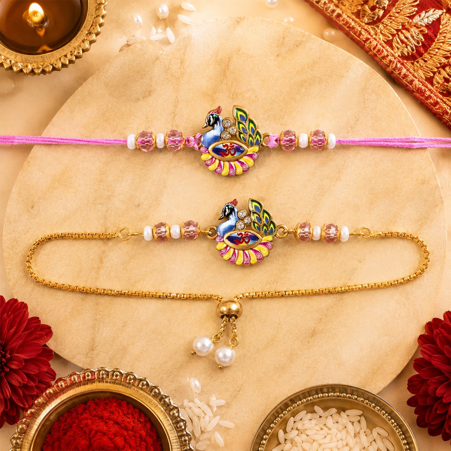 Peacock Om Enamel Crystal Stylish Beads Bhai Bhabhi Rakhi Lumba Set