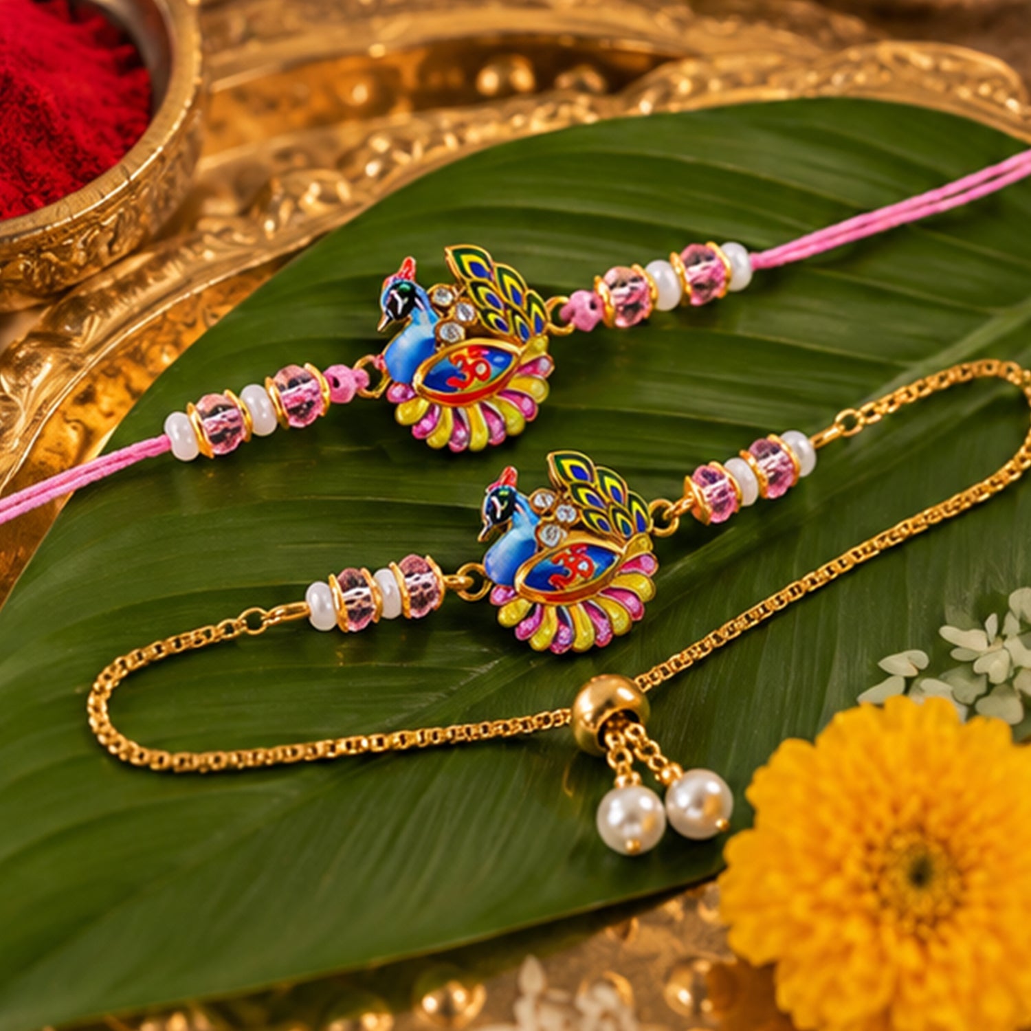 Peacock Om Enamel Crystal Stylish Beads Bhai Bhabhi Rakhi Lumba Set