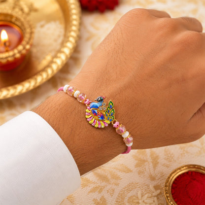 Peacock Om Enamel Crystal Stylish Beads Bhai Bhabhi Rakhi Lumba Set