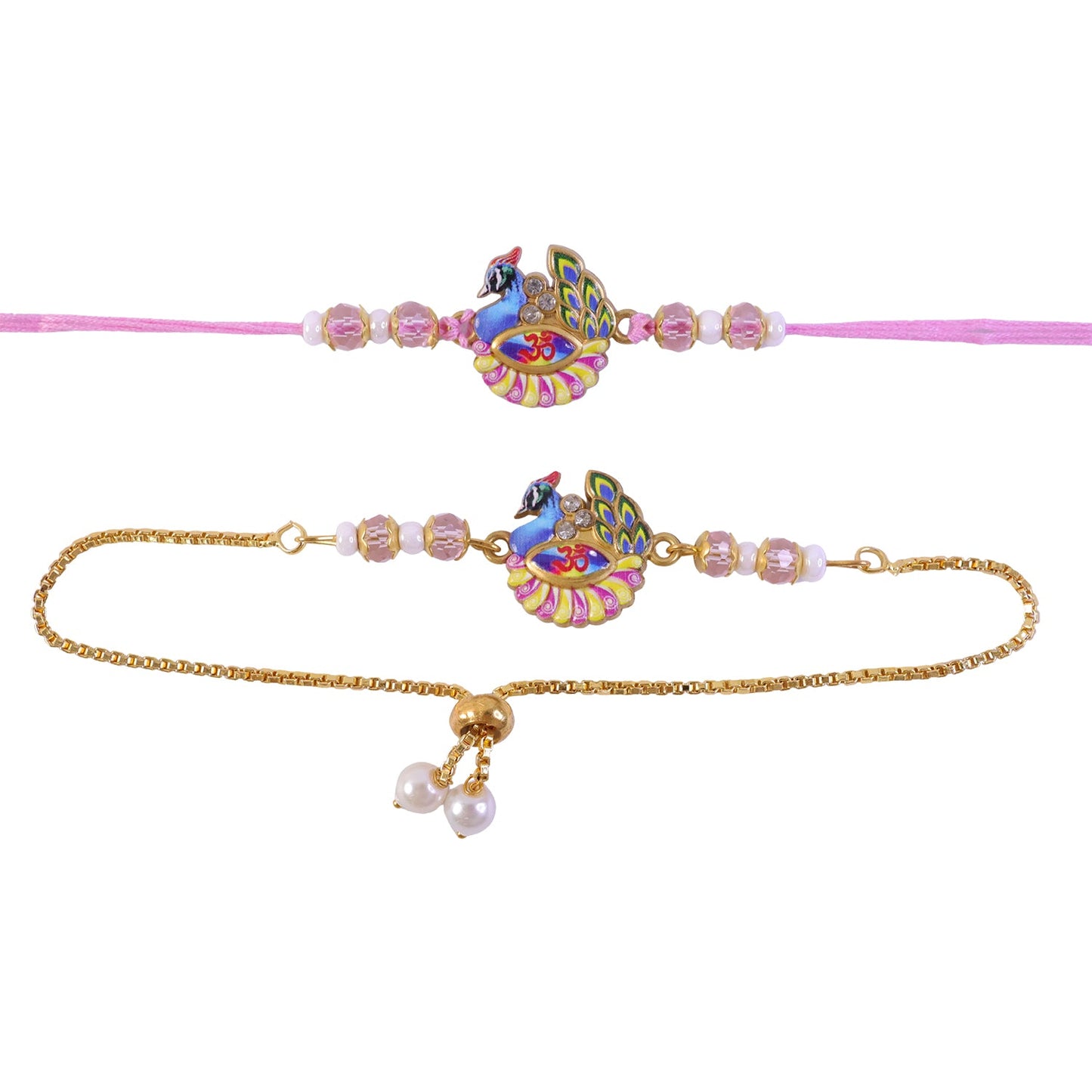 Peacock Om Enamel Crystal Stylish Beads Bhai Bhabhi Rakhi Lumba Set