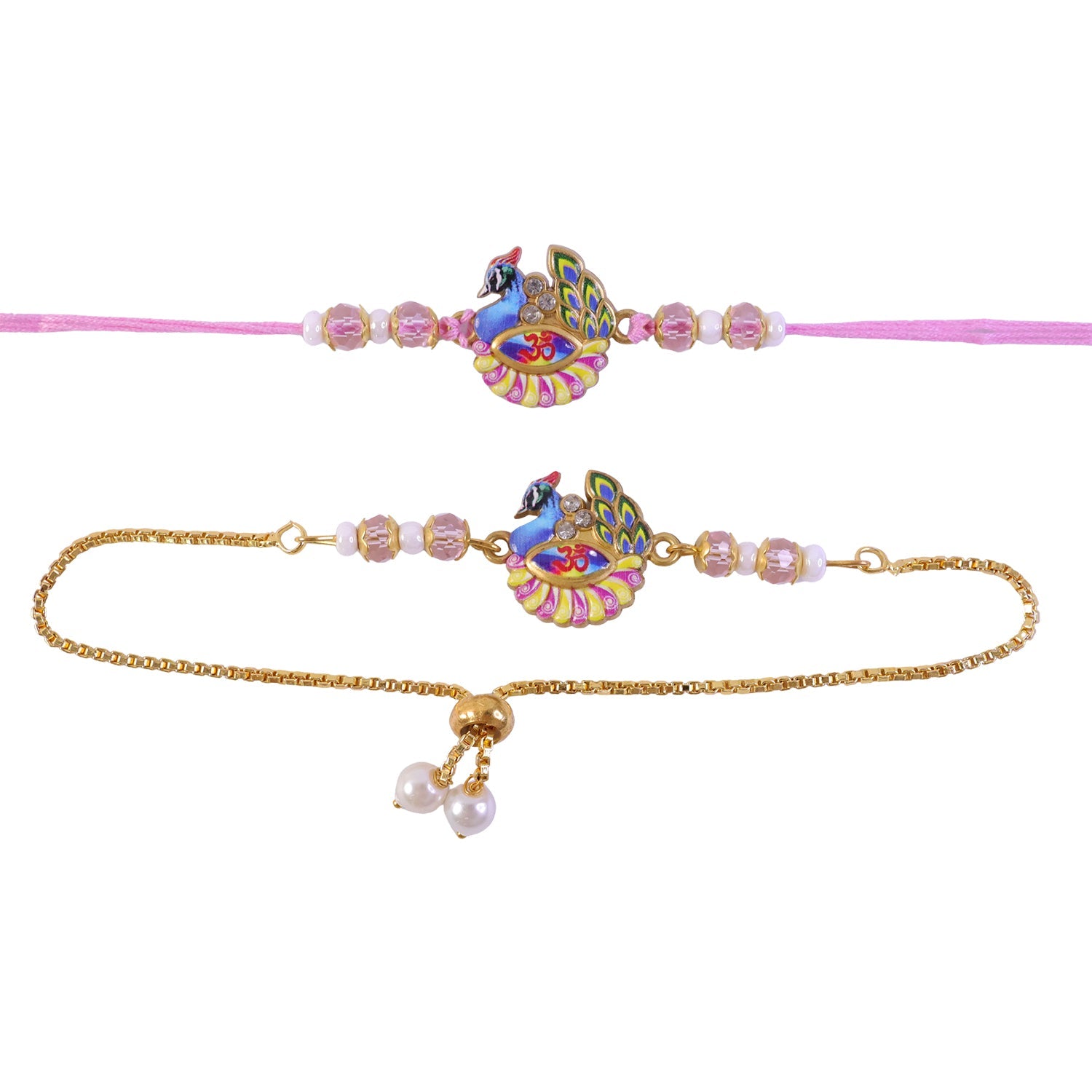 Peacock Om Enamel Crystal Stylish Beads Bhai Bhabhi Rakhi Lumba Set