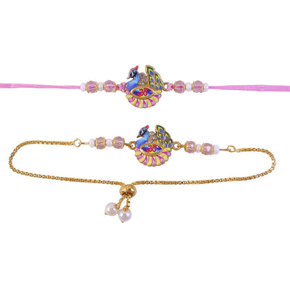 Peacock Om Enamel Crystal Stylish Beads Bhai Bhabhi Rakhi Lumba Set