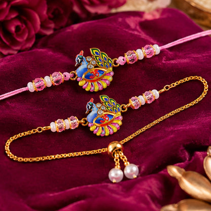 Peacock Om Enamel Crystal Stylish Beads Bhai Bhabhi Rakhi Lumba Set