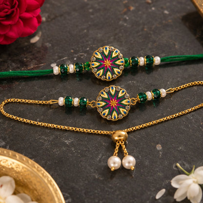 Round Starburst Meenakari Kundan Stylish Beads Bhai Bhabhi Rakhi Lumba Set