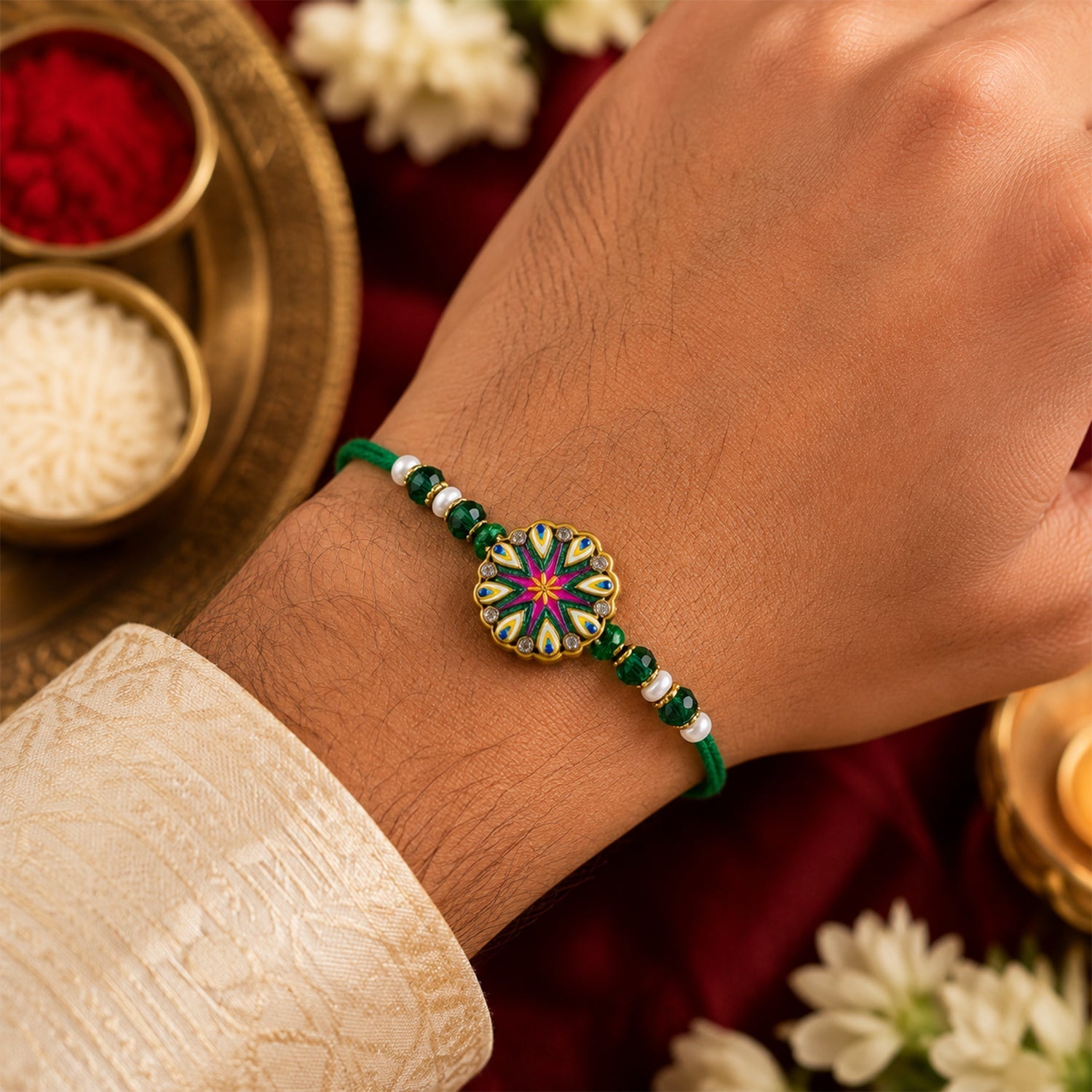 Round Starburst Meenakari Kundan Stylish Beads Bhai Bhabhi Rakhi Lumba Set