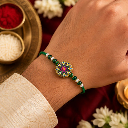 Round Starburst Meenakari Kundan Stylish Beads Bhai Bhabhi Rakhi Lumba Set