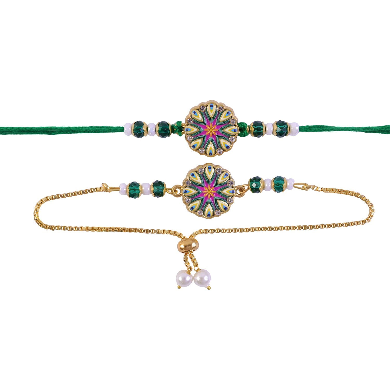 Round Starburst Meenakari Kundan Stylish Beads Bhai Bhabhi Rakhi Lumba Set