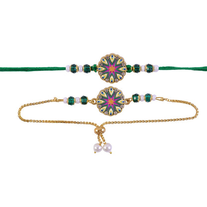 Round Starburst Meenakari Kundan Stylish Beads Bhai Bhabhi Rakhi Lumba Set