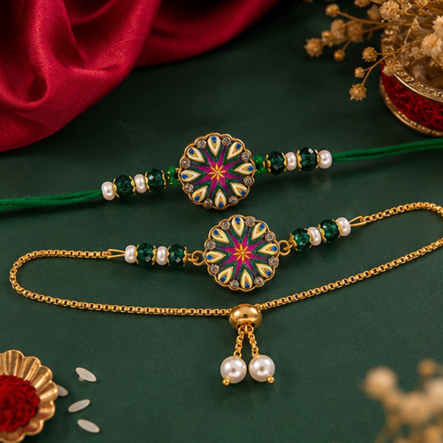 Round Starburst Meenakari Kundan Stylish Beads Bhai Bhabhi Rakhi Lumba Set