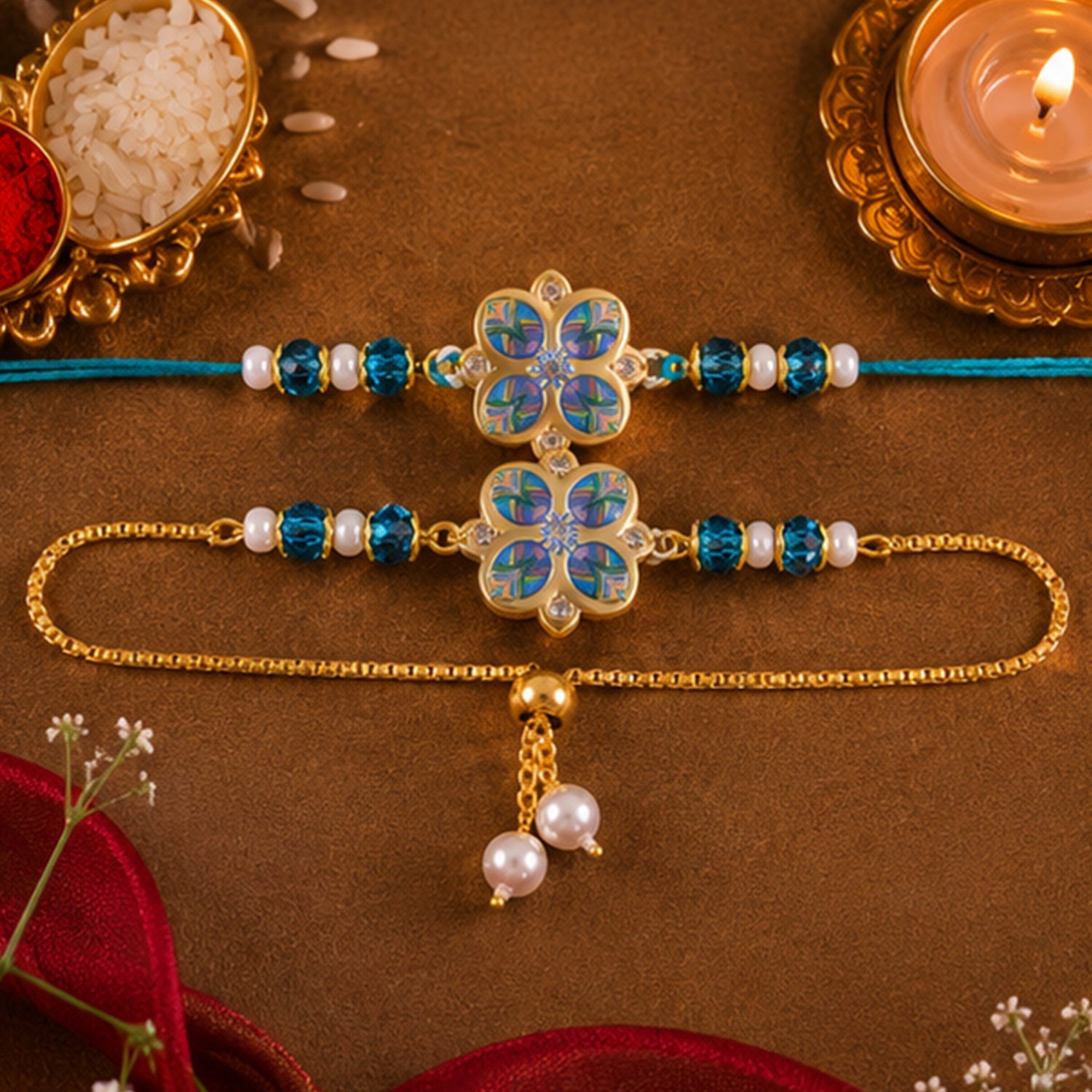 golden plated peacock inspired floral enamel crystal and pearl Bhaiya Bhabhi rakhi set