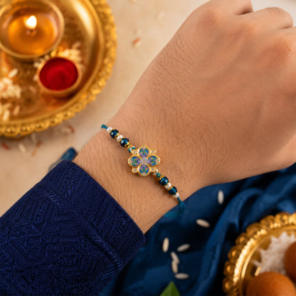 golden plated peacock inspired floral enamel crystal and pearl Bhaiya Bhabhi rakhi set