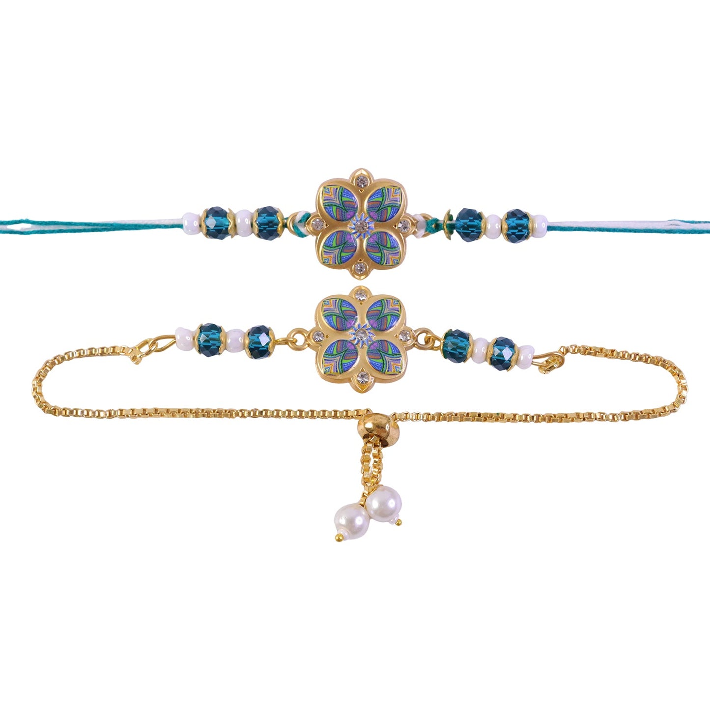 golden plated peacock inspired floral enamel crystal and pearl Bhaiya Bhabhi rakhi set