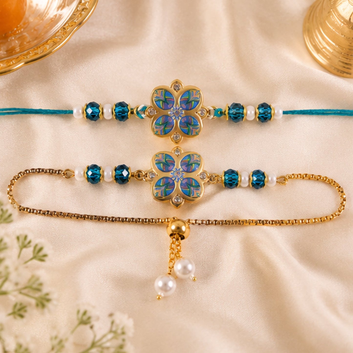 golden plated peacock inspired floral enamel crystal and pearl Bhaiya Bhabhi rakhi set