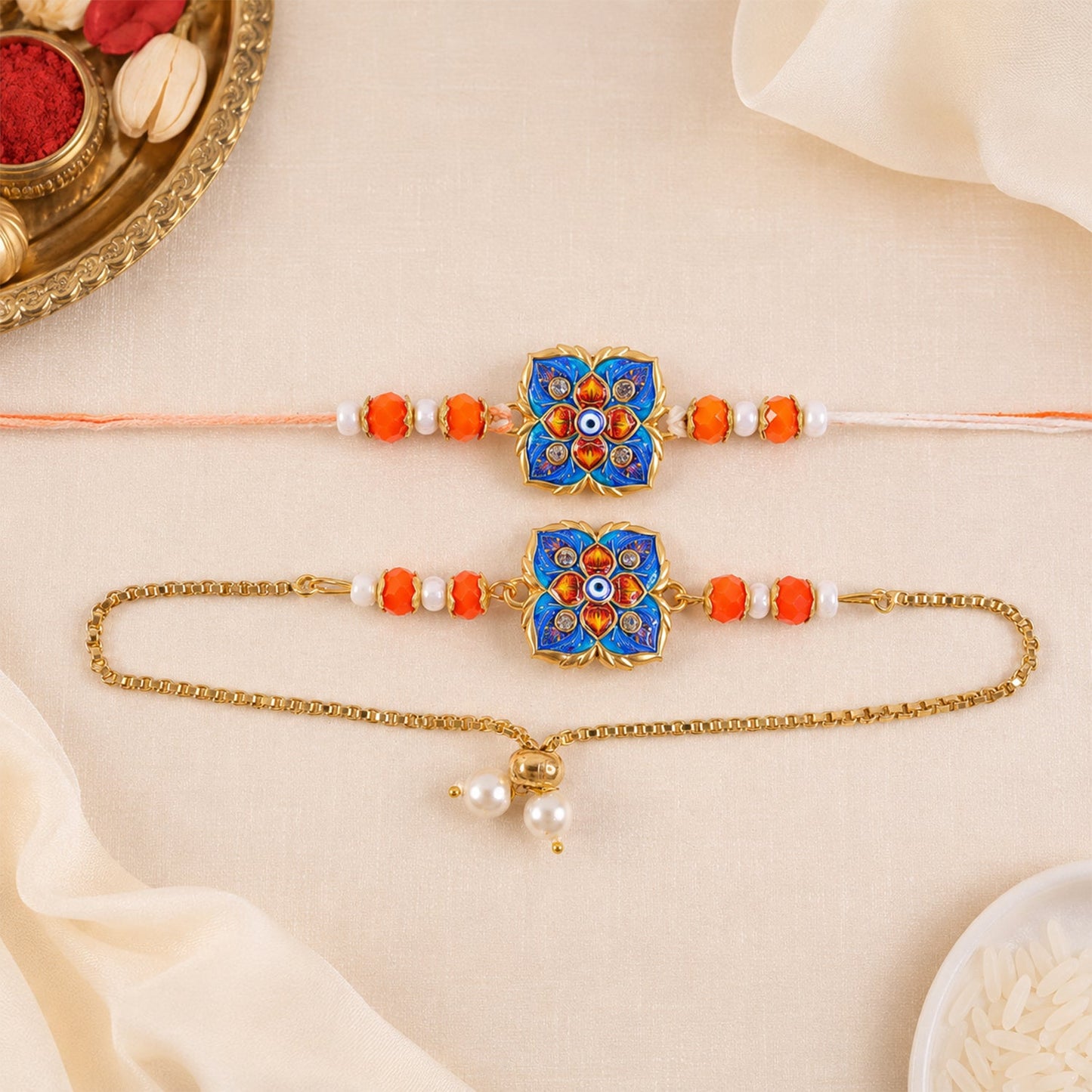 Premium Blue Clover Nazar Evil Eye Enamel Beads Bhai Bhabhi Rakhi Lumba Set