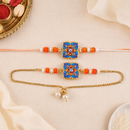 Premium Blue Clover Nazar Evil Eye Enamel Beads Bhai Bhabhi Rakhi Lumba Set