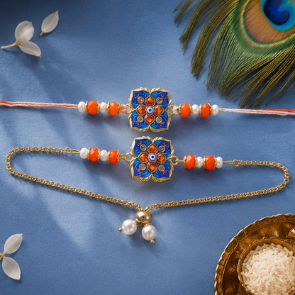 Premium Blue Clover Nazar Evil Eye Enamel Beads Bhai Bhabhi Rakhi Lumba Set