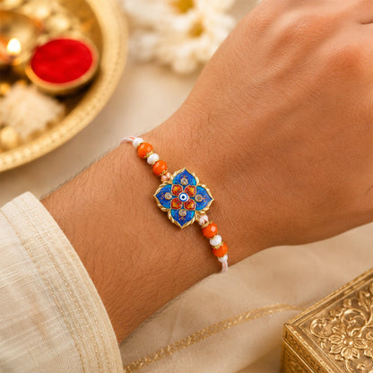 Premium Blue Clover Nazar Evil Eye Enamel Beads Bhai Bhabhi Rakhi Lumba Set