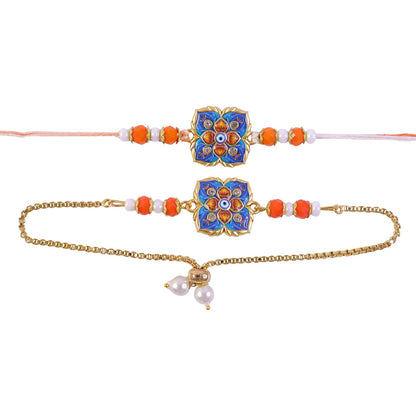 Premium Blue Clover Nazar Evil Eye Enamel Beads Bhai Bhabhi Rakhi Lumba Set