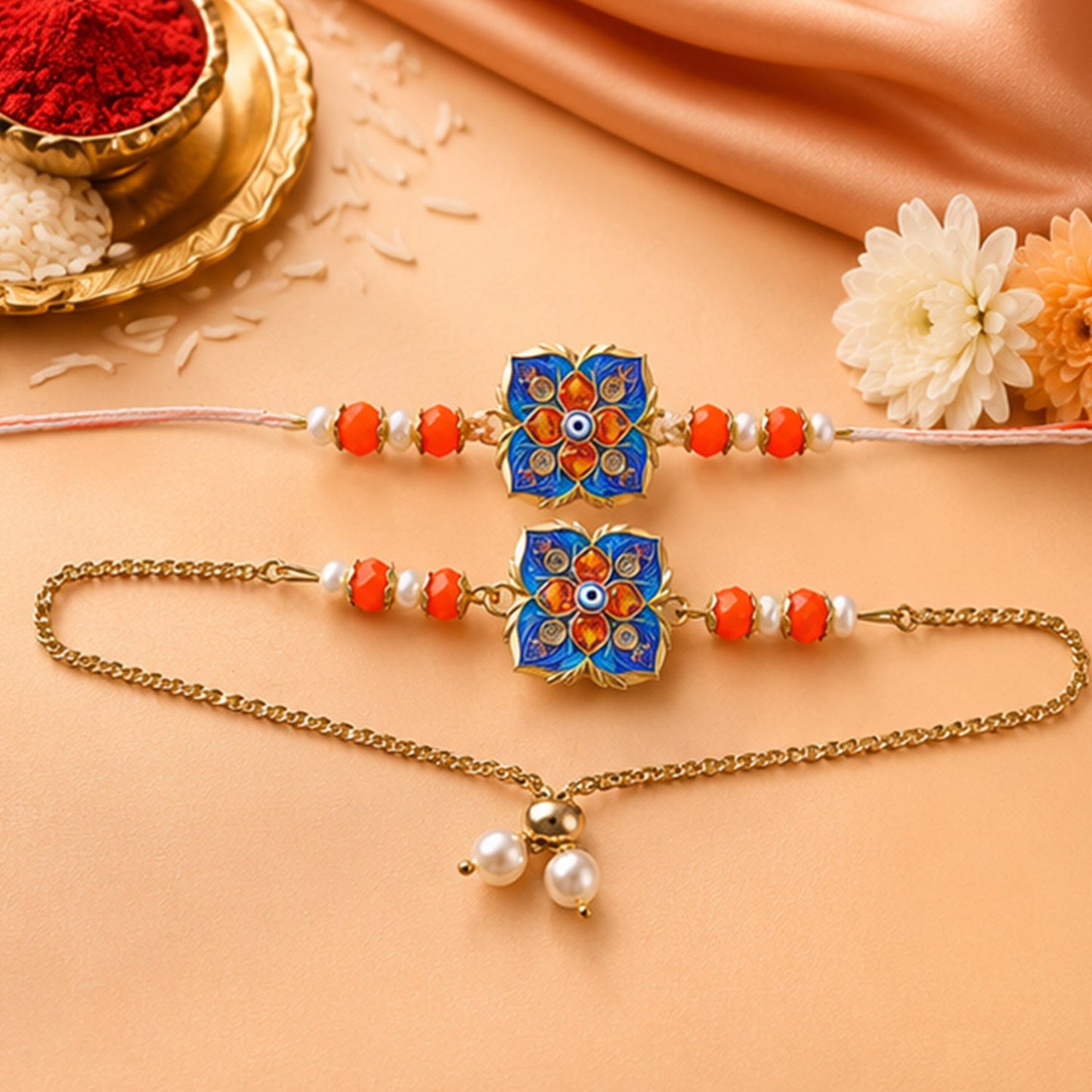 Premium Blue Clover Nazar Evil Eye Enamel Beads Bhai Bhabhi Rakhi Lumba Set