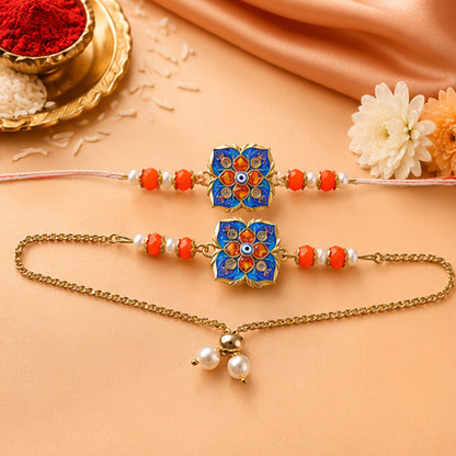 Premium Blue Clover Nazar Evil Eye Enamel Beads Bhai Bhabhi Rakhi Lumba Set