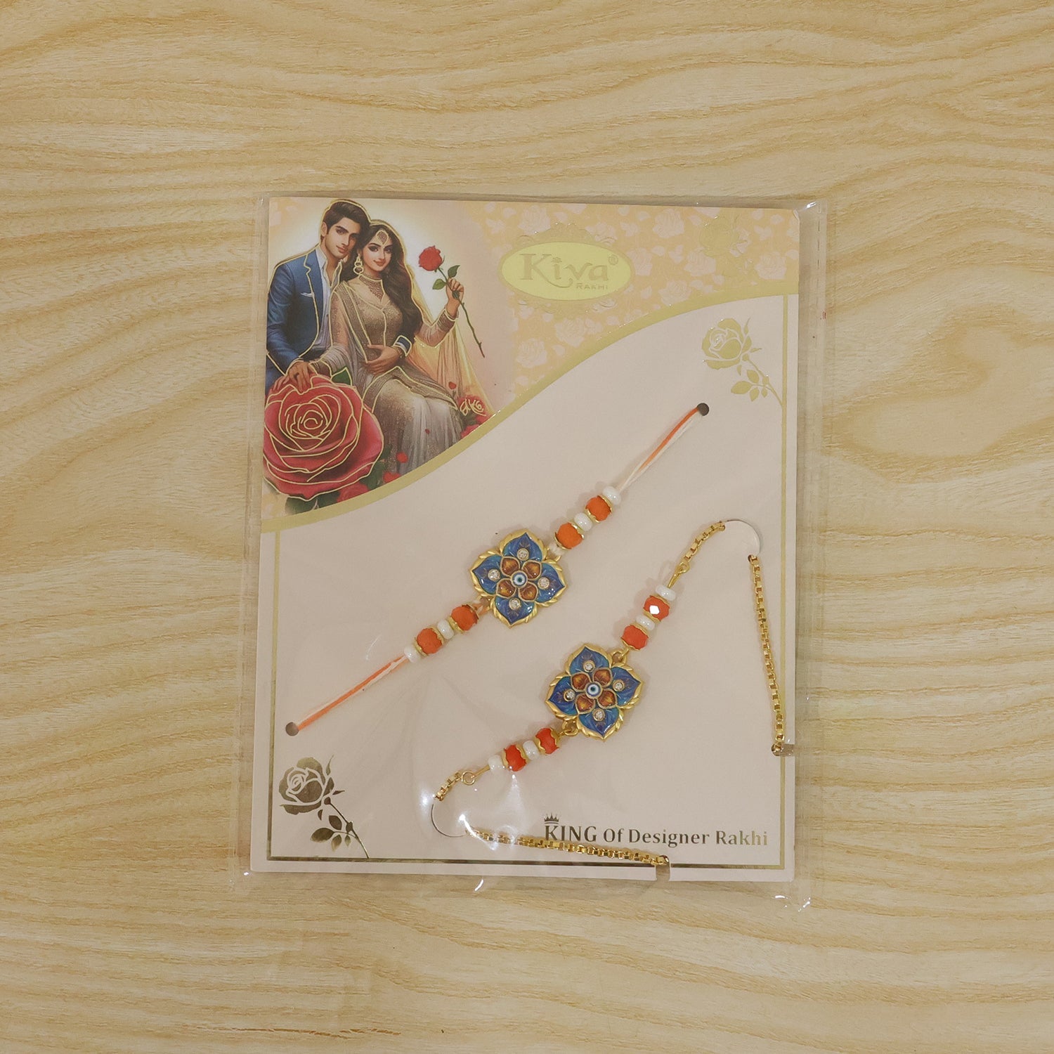 Premium Blue Clover Nazar Evil Eye Enamel Beads Bhai Bhabhi Rakhi Lumba Set