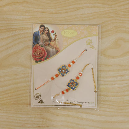 Premium Blue Clover Nazar Evil Eye Enamel Beads Bhai Bhabhi Rakhi Lumba Set