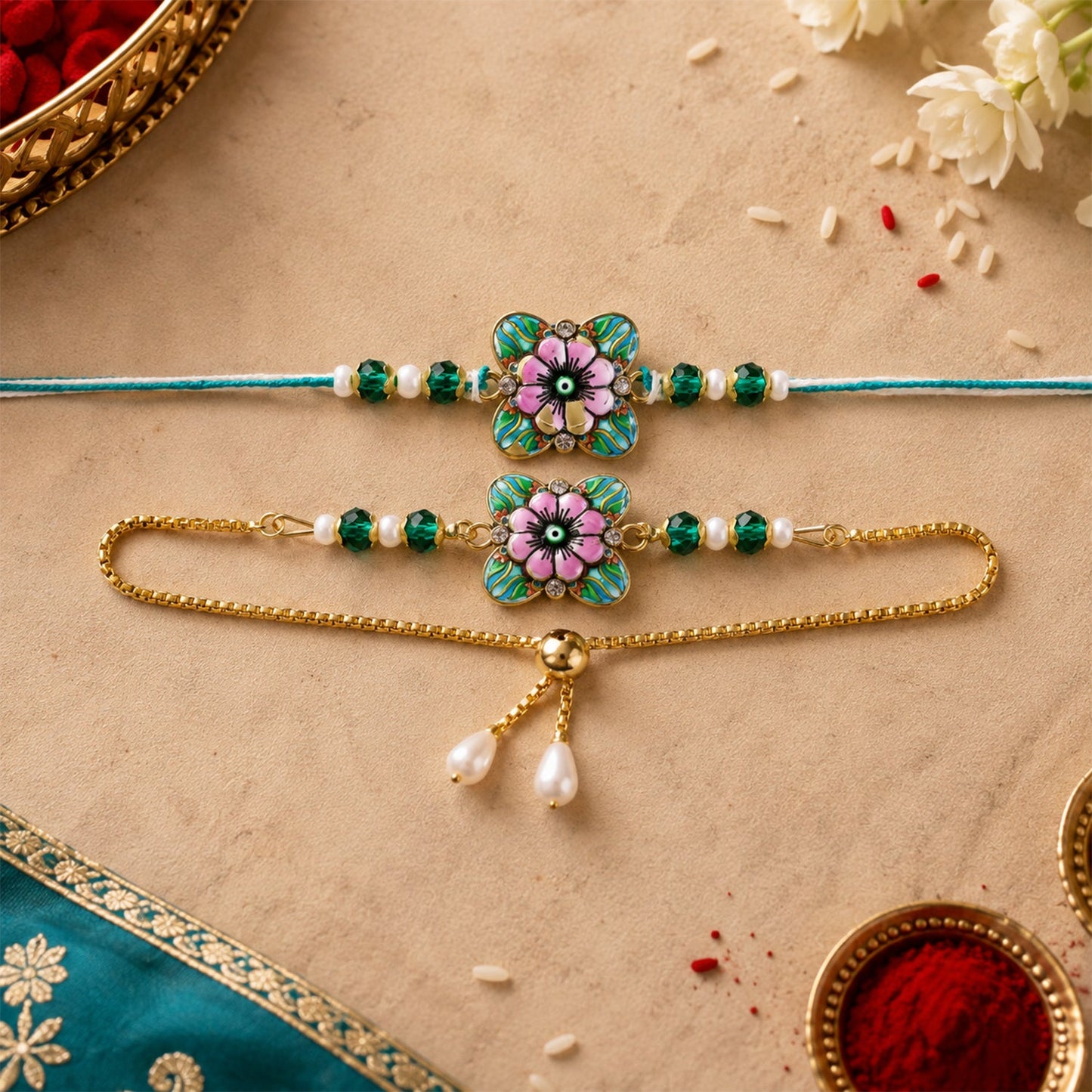 Designer Floral Nazar Evil Eye Enamel Beads Bhai Bhabhi Rakhi Lumba Set