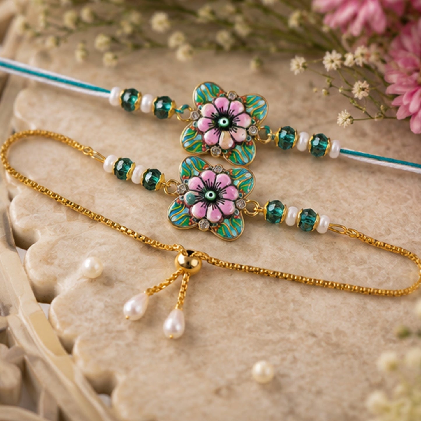 Designer Floral Nazar Evil Eye Enamel Beads Bhai Bhabhi Rakhi Lumba Set