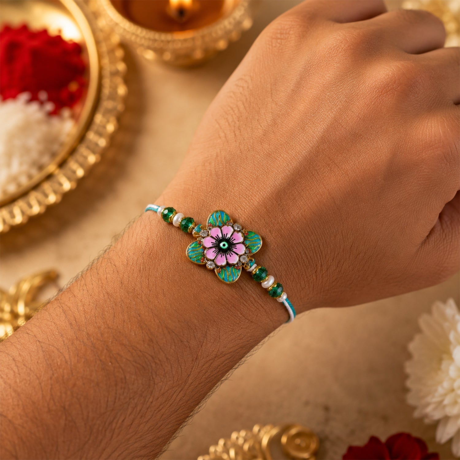 Designer Floral Nazar Evil Eye Enamel Beads Bhai Bhabhi Rakhi Lumba Set