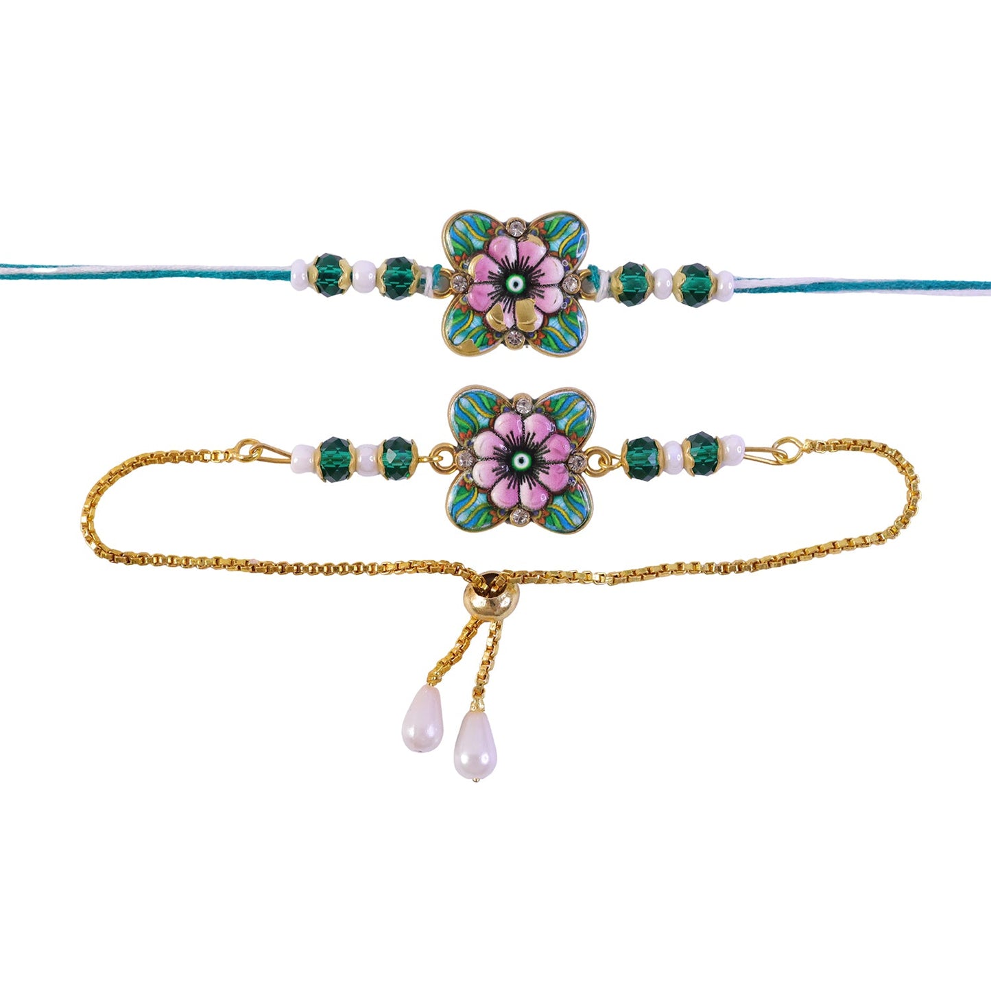 Designer Floral Nazar Evil Eye Enamel Beads Bhai Bhabhi Rakhi Lumba Set