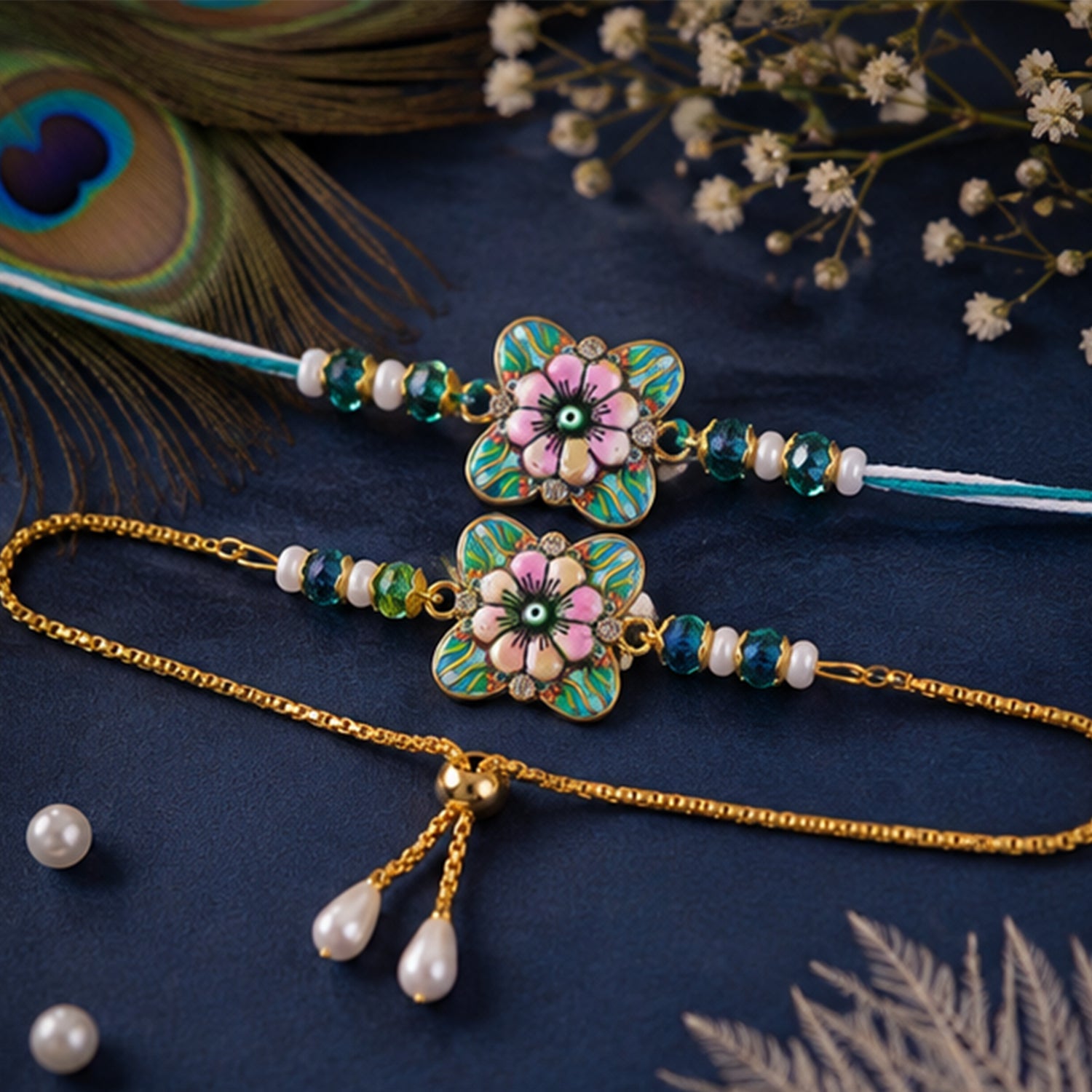 Designer Floral Nazar Evil Eye Enamel Beads Bhai Bhabhi Rakhi Lumba Set