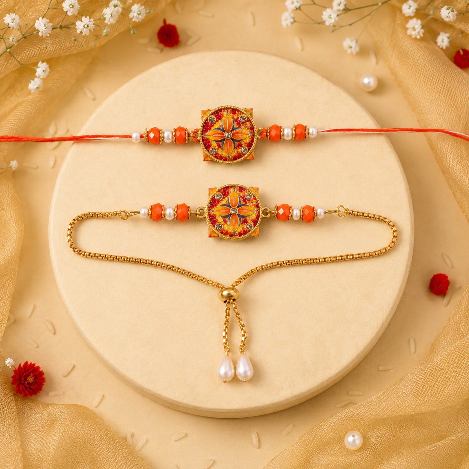 Premium Sunburst Floral Enamel Crystal Beads Bhai Bhabhi Rakhi Lumba Set