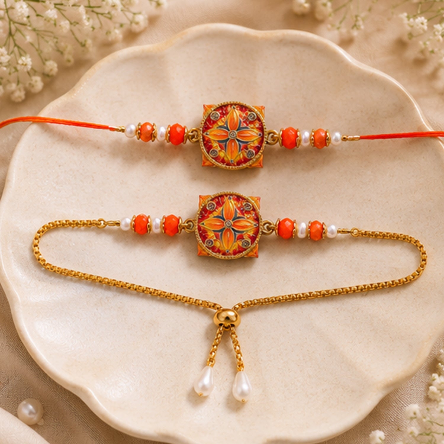 Premium Sunburst Floral Enamel Crystal Beads Bhai Bhabhi Rakhi Lumba Set