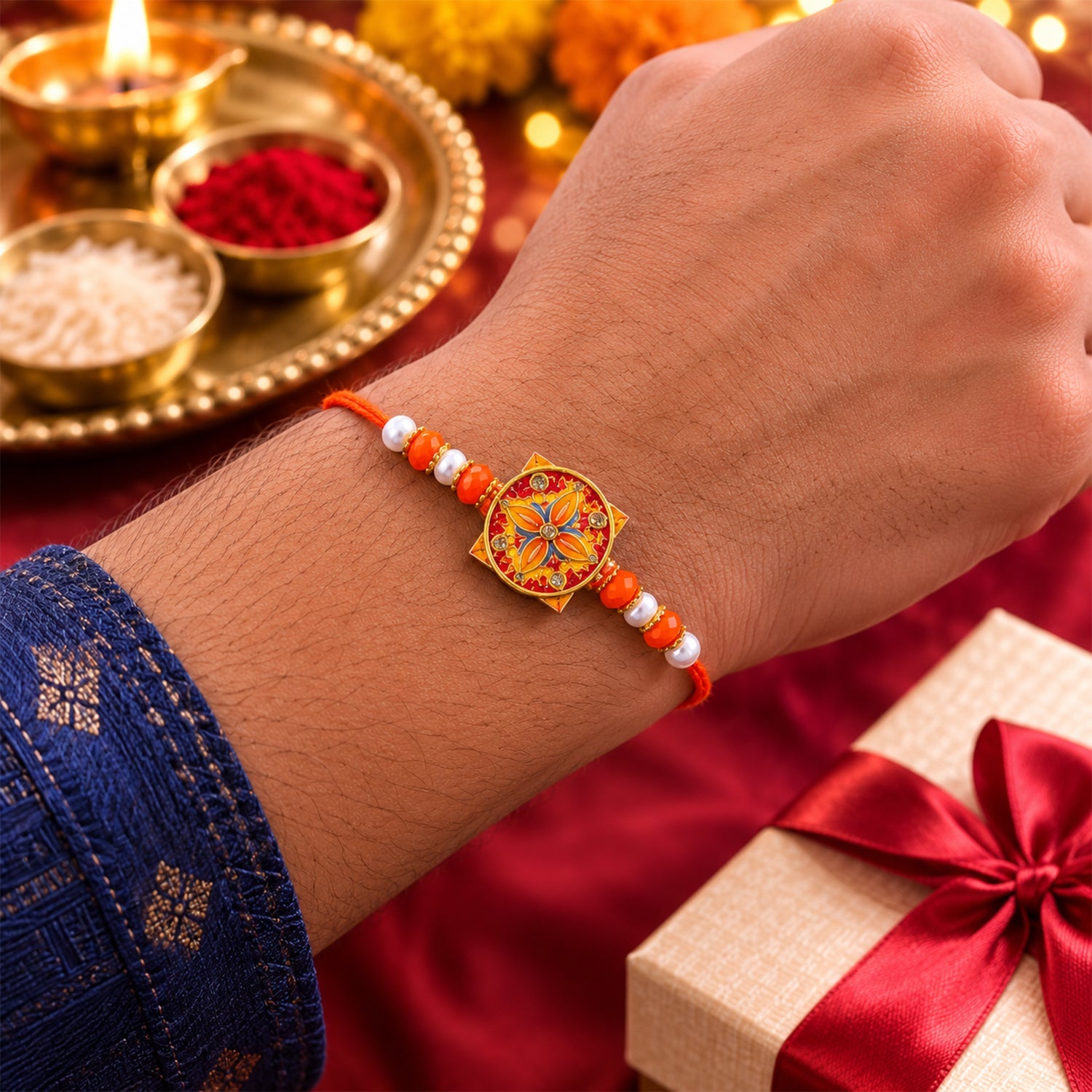 Premium Sunburst Floral Enamel Crystal Beads Bhai Bhabhi Rakhi Lumba Set
